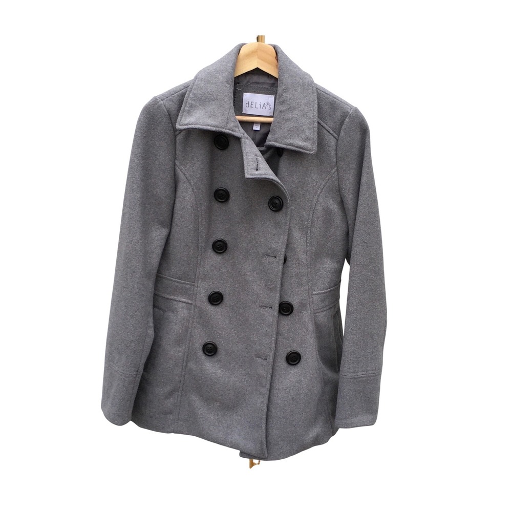 dELiA*s Womens Double Breasted Pea Coat Heather Grey Wool Blend Jacket Medium